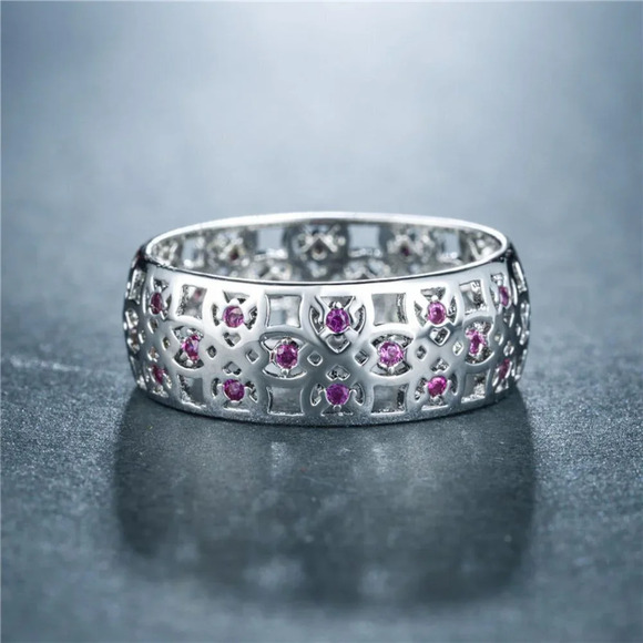 💍 Dainty Carved Colorful Gems Eternity Zircon Vintage Ring for Women, EVGG1364 - Picture 1 of 2